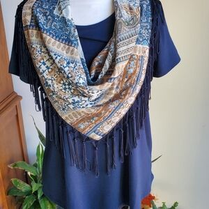 Navy Blue Crop Top with Fringe Scarf